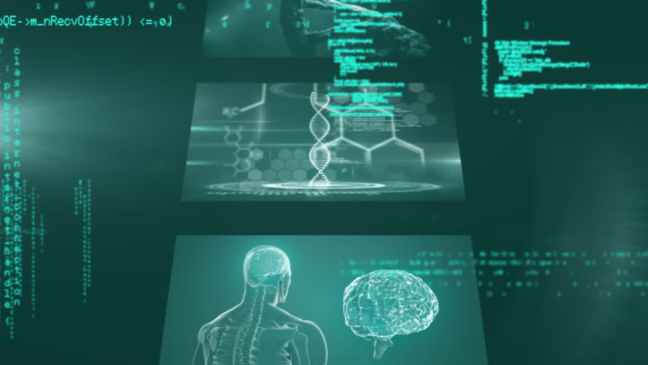 dna 가닥 회전 및 의료 데이터 처리의 애니메이션