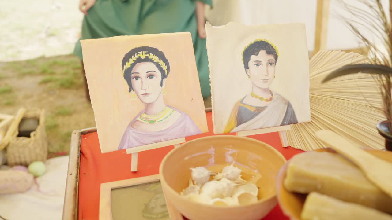 A dynamic shot explores a collection of ancient Roman cosmetics and beauty products. The camera moves over makeup, perfumes, jewelry, and portraits of a noble couple