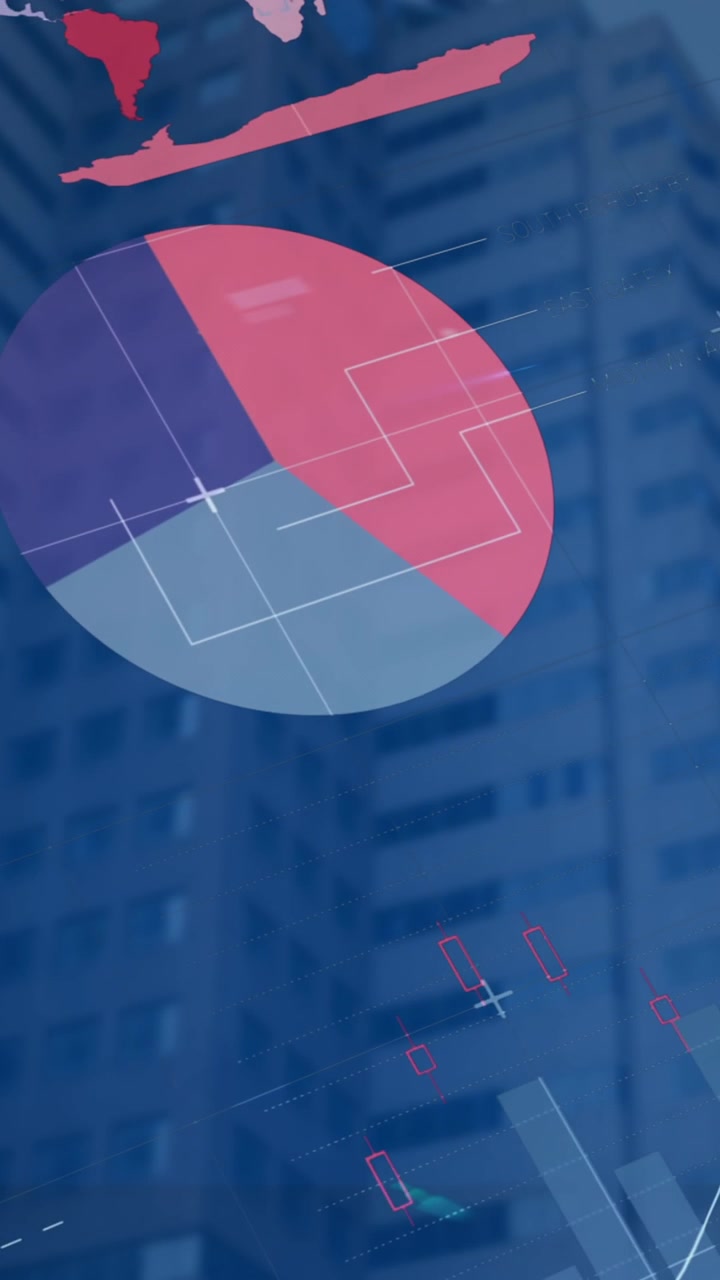 Animazione di un'interfaccia infografica multicolore su una vista dal basso di edifici moderni.