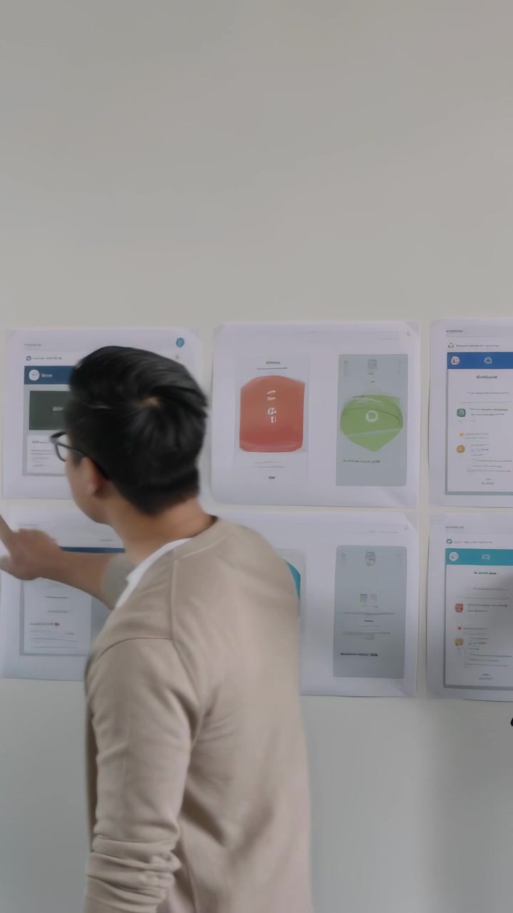 Vertical video: Seeing hand, designer in beige knit turning and aligning UI mockups on office wall