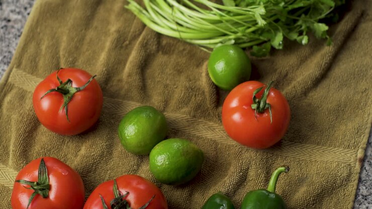 Fresh Washed Vegetables On Fabric Cloth In The Kitchen