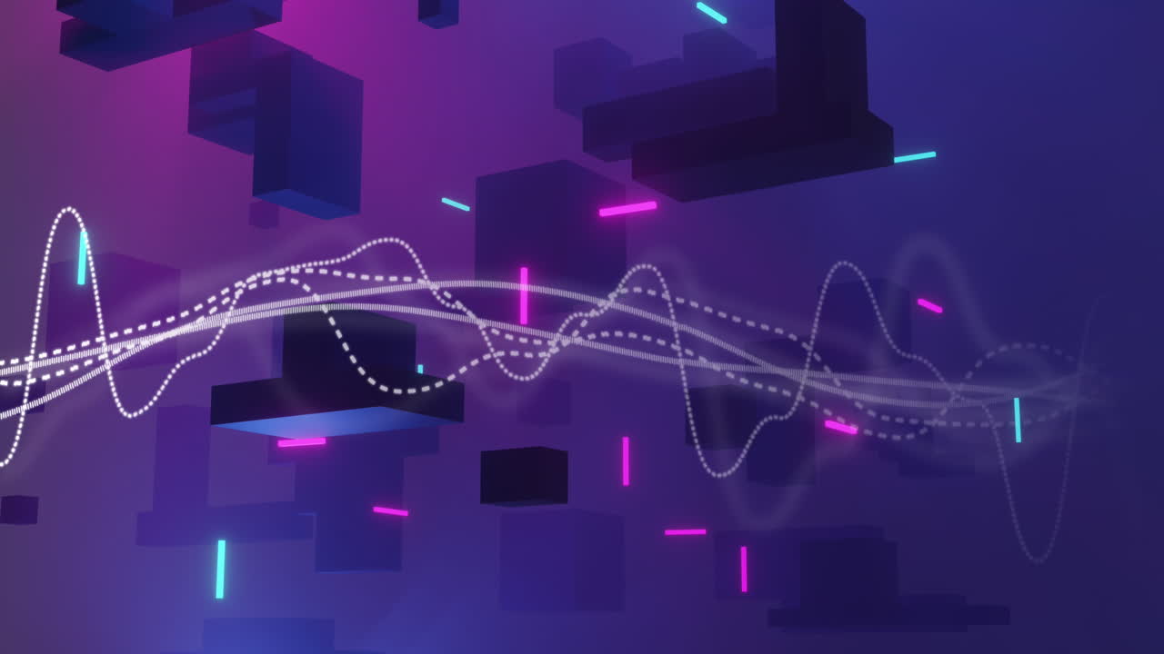 Animation of light trails and abstract shapes moving on purple background