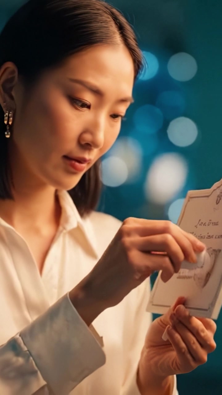 A contemplative moment captured in two frames, showcasing a woman gracefully examining objects with elegance and focus in a softly lit environment.