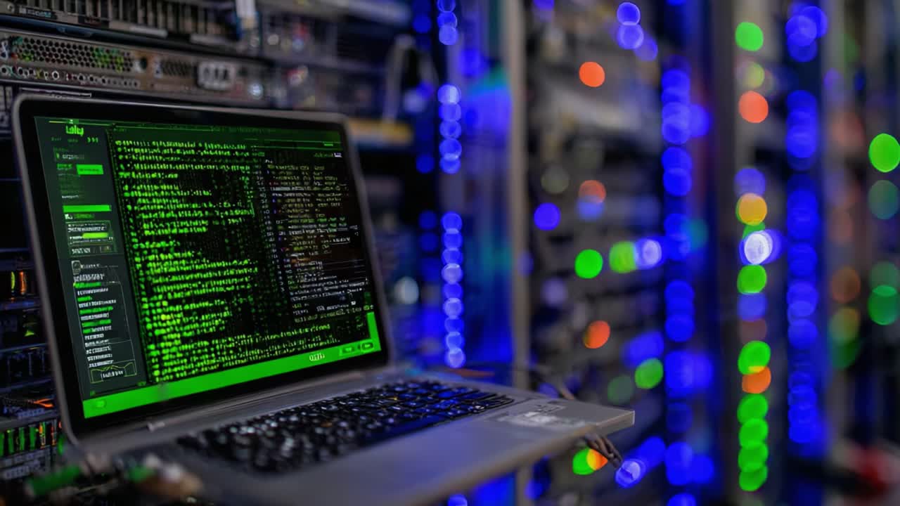 A High-Tech Laptop Displaying Coding Scripts in Bright Green Against a Colorful Data Center Background, Showcasing Advanced Computing and Networking Technology
