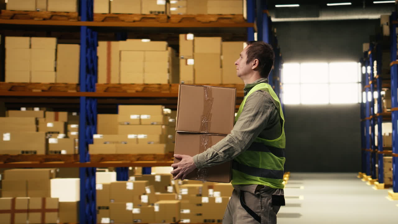 Addetto uomo che smista pacchi di cartone in un magazzino logistico