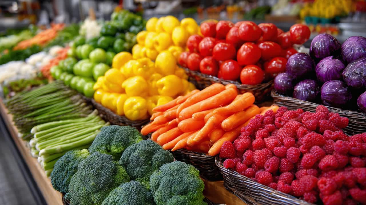 A Vibrant Display of Fresh Vegetables and Fruits Featuring a Colorful Array of Organic Produce with Rich Textures and Varieties that Grab Your Attention