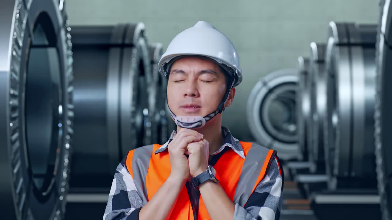 안전 헬을 입은 아시아 남성 엔지니어가 금속 공장에서 서 있는 동안 무언가를 위해 기도합니다.