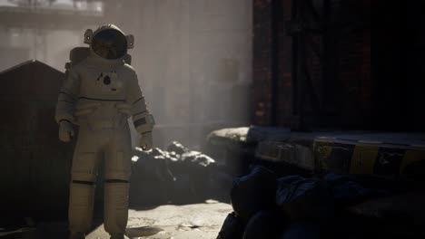 astronauta perdido cerca de edificios industriales abandonados de la vieja fábrica