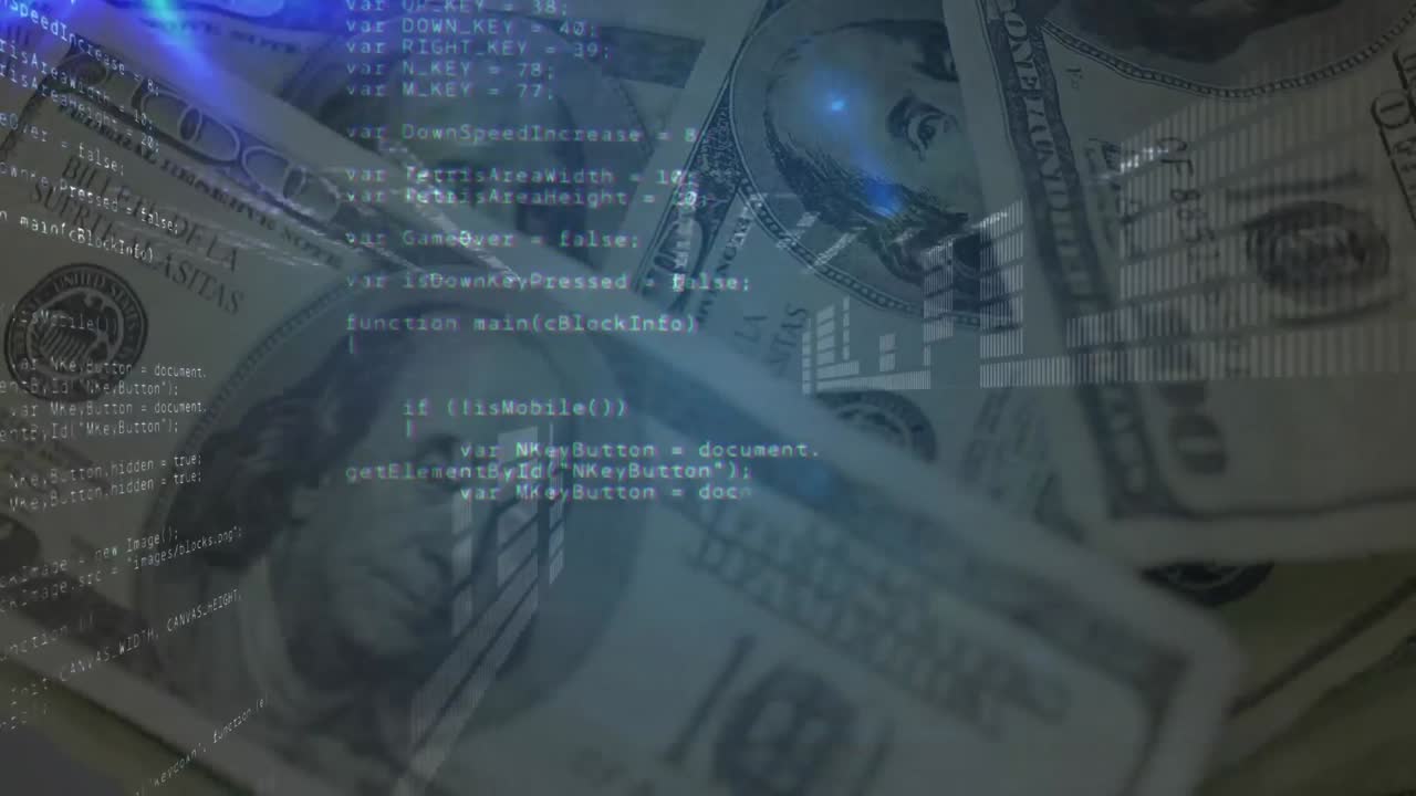 animación del procesamiento de datos sobre billetes de dólares estadounidenses