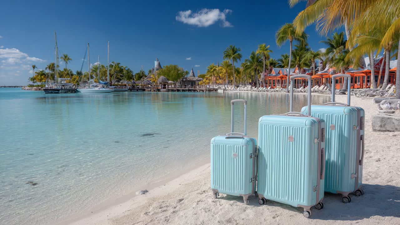 Paradiso tropicale: una serena scena sulla spiaggia con eleganti valigie sulla riva, acque cristalline e rigogliose palme sotto un cielo soleggiato