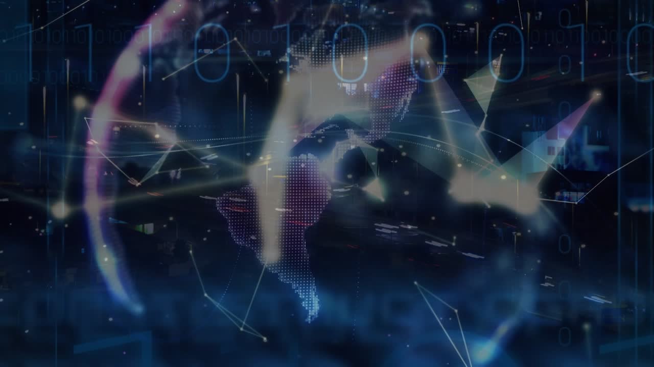 Animation of network of connections and binary coding over fast traffic and globe