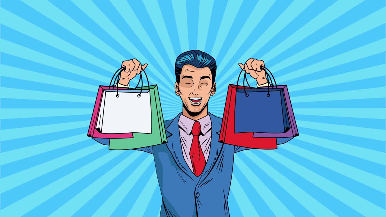 쇼핑 가방을 들고 있는 사업가 팝 아트 애니메이션