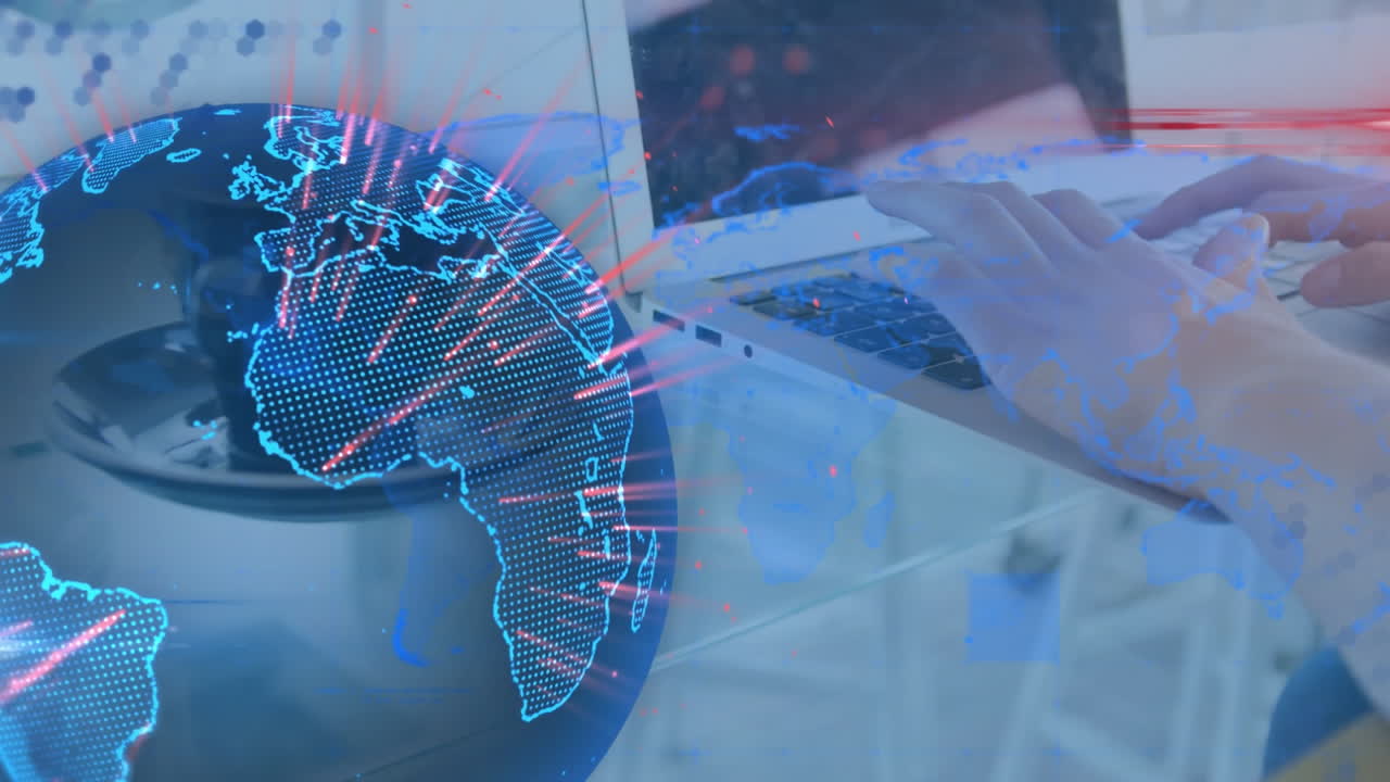 노트북을 통해 연결의 네트워크와 함께 지구의 애니메이션