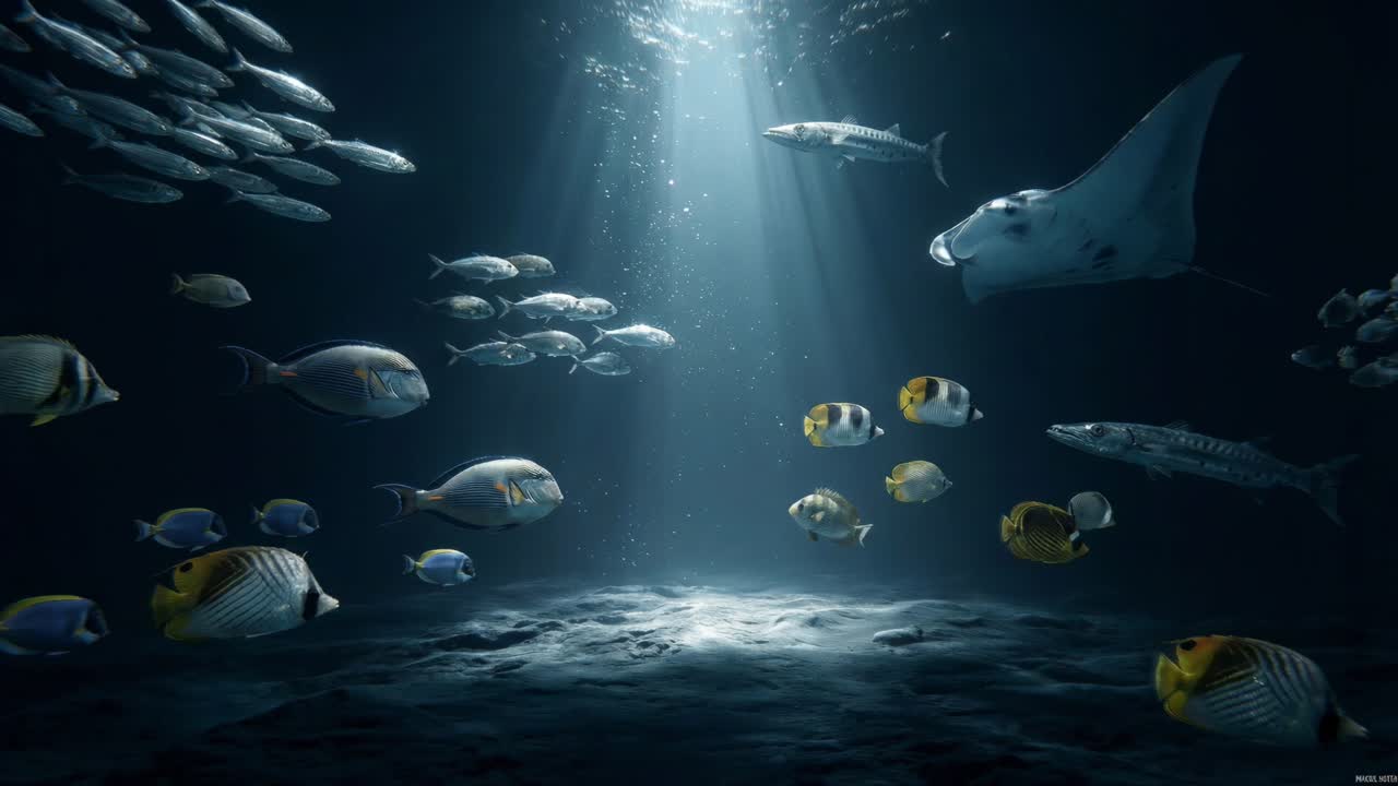 Tranquil oceanic setting featuring majestic manta ray and lively reef fish under gentle light