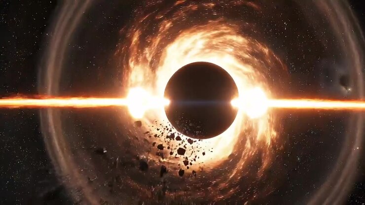 Cosmic Black Hole Absorbing Debris and Emitting Powerful Jets
