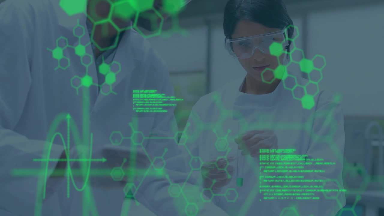 científicos en abrigos de laboratorio trabajando con compuestos químicos animación sobre datos verdes