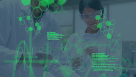 Scientists-in-lab-coats-working-with-chemical-compounds-animation-over-green-data