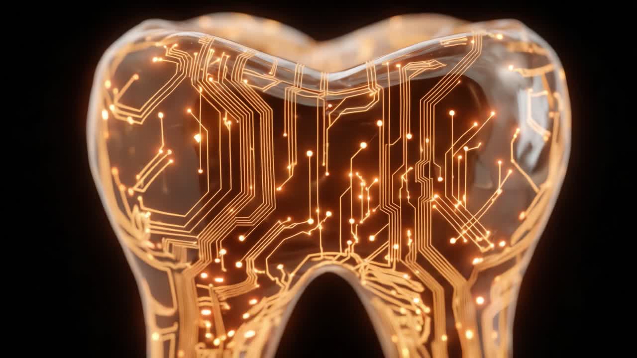 A Stunning Visualization of a Tooth Integrated with Advanced Digital Circuitry, Showcasing the Fusion of Dental Anatomy with Technology and Innovation