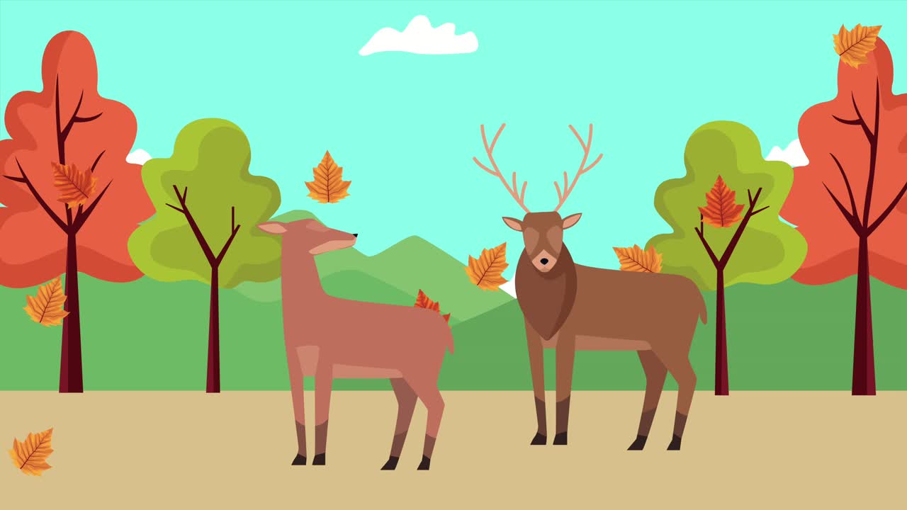 こんにちは森のシーンで鹿のカップルと秋のアニメーションです