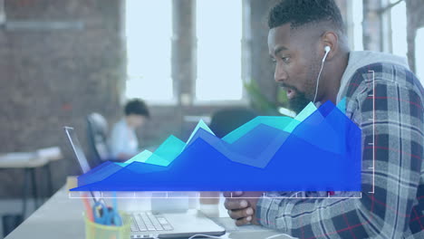 animation of diagram over diverse business people using laptop in office