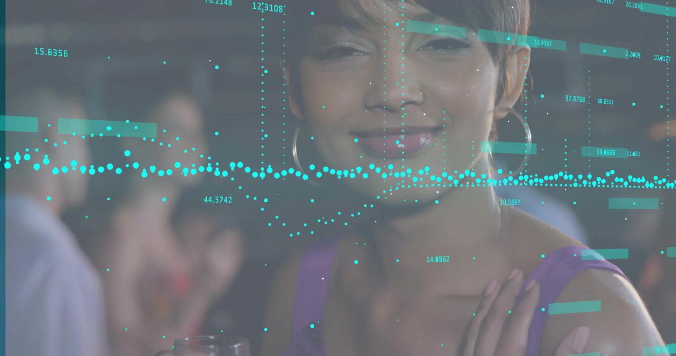 Woman resting chin on hand activating teal waveforms drifting while toasting for bar lounge ads