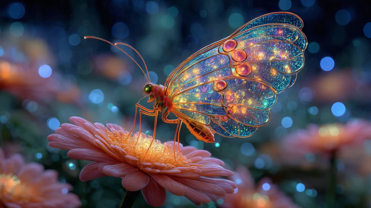 Ein lebhafter Schmetterling mit bezaubernden Flügeln ruht auf einer strahlenden Blume vor einem magischen, funkelnden Hintergrund