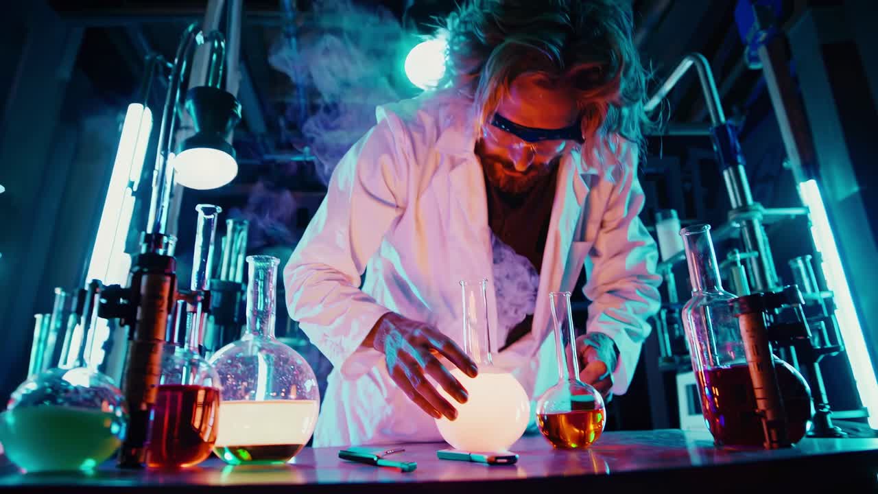 científico loco en un laboratorio iluminado con neón