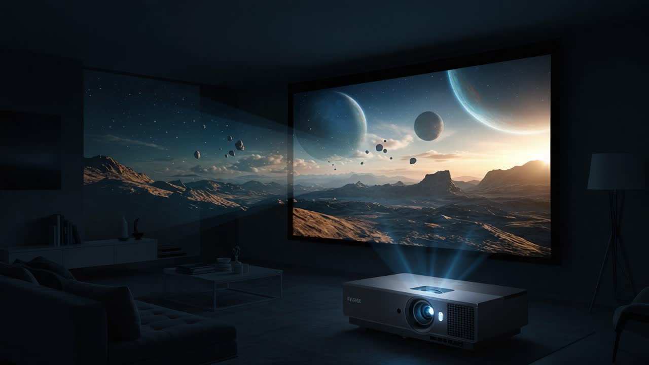 A breathtaking scene from an immersive home theater showcasing a projector displaying a stunning cosmic landscape with planets and realistic celestial elements