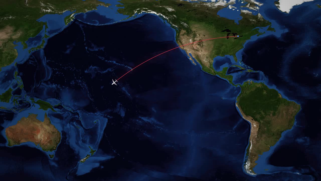 Satellite world map displays airplane icon moving along red flight path to Sydney Australia