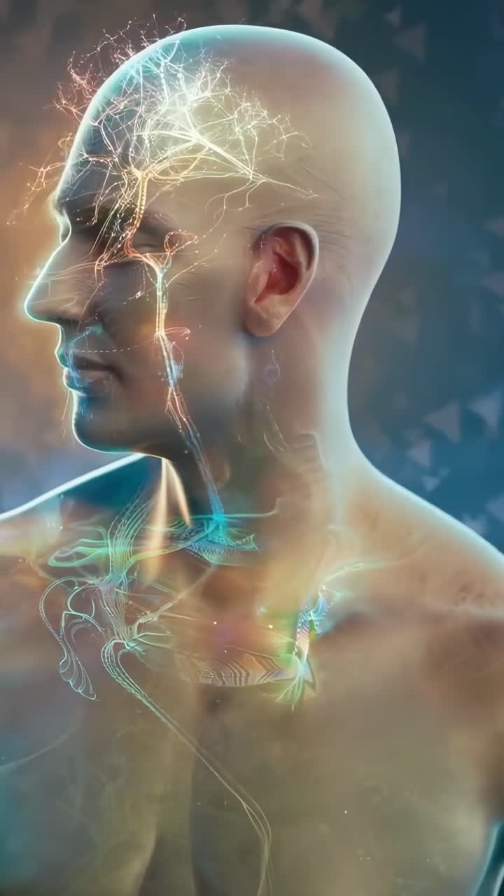 Ângulo lateral de um humano digital com vias neurais, conceito de vídeo futurista, estilo luminoso.