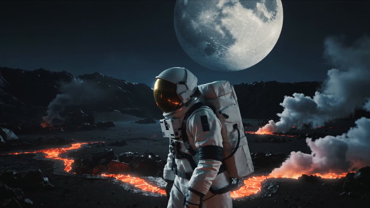 Gående astronaut i hvid rumdragt bevæger sig på en lavaslette under månen, scanner ventilationsåbninger med en guldrygsæk.