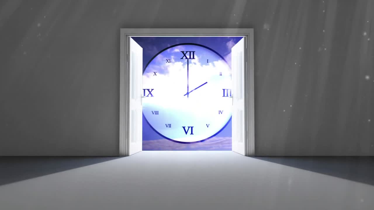 Pintu putih terbuka di jam digital
