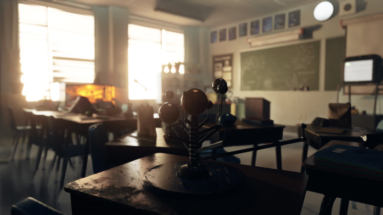 태양계 모델이 있는 빈티지 교실