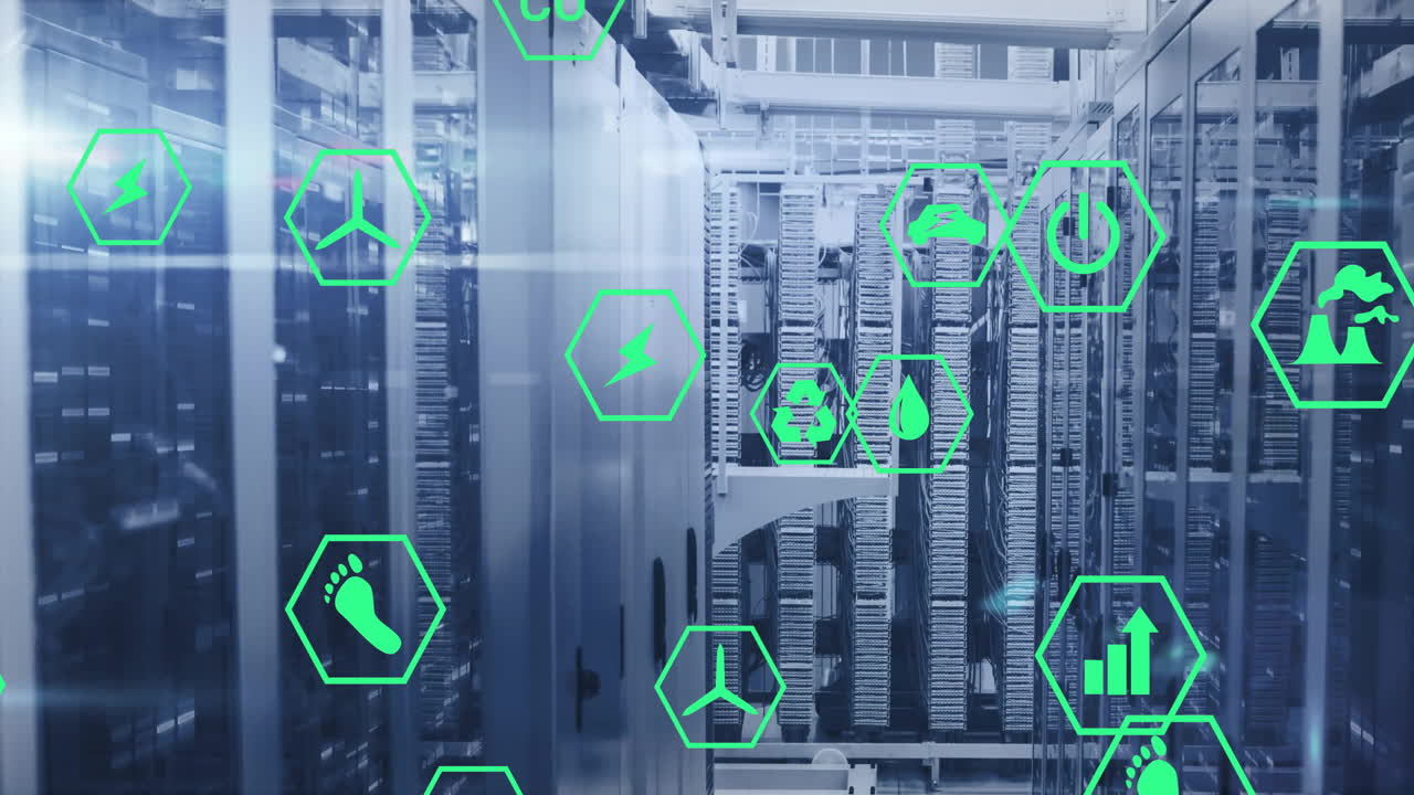animación de iconos de ecología verde y energía sobre luces intermitentes en servidores de computadoras