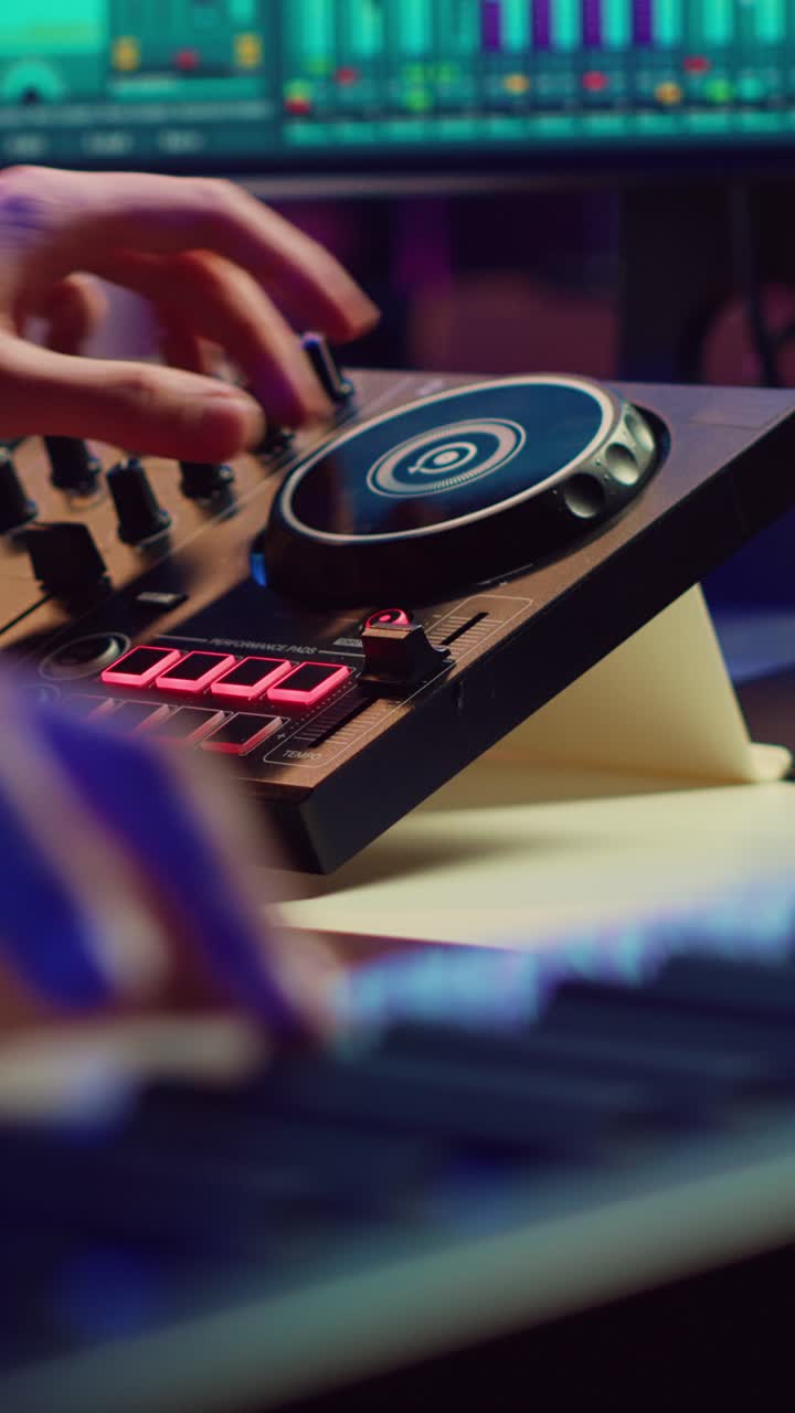 Primo piano di mani che suonano una tastiera MIDI e un mixer da DJ in studio