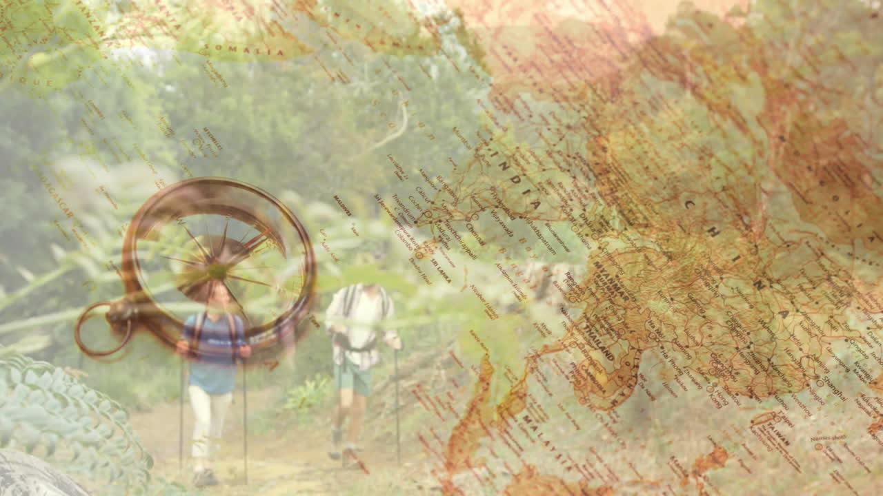 couple hiking forest trail, overlaying antique map and vintage brass compass in education design
