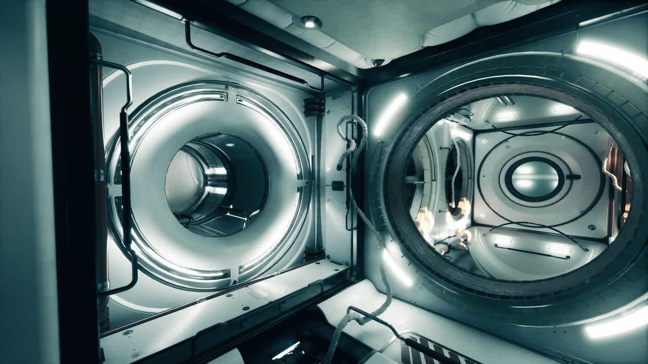 Interior view of a futuristic space station exhibiting advanced technology