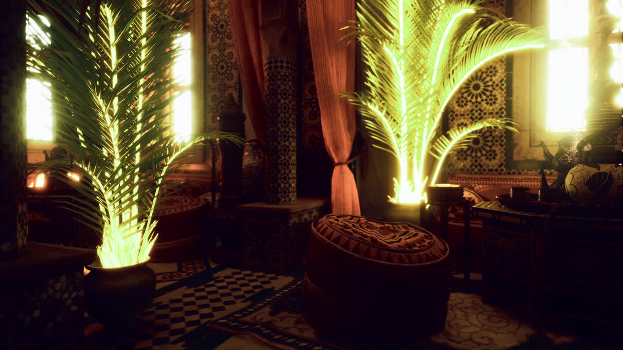Lush indoor palms in a traditional moroccan space with vibrant decor
