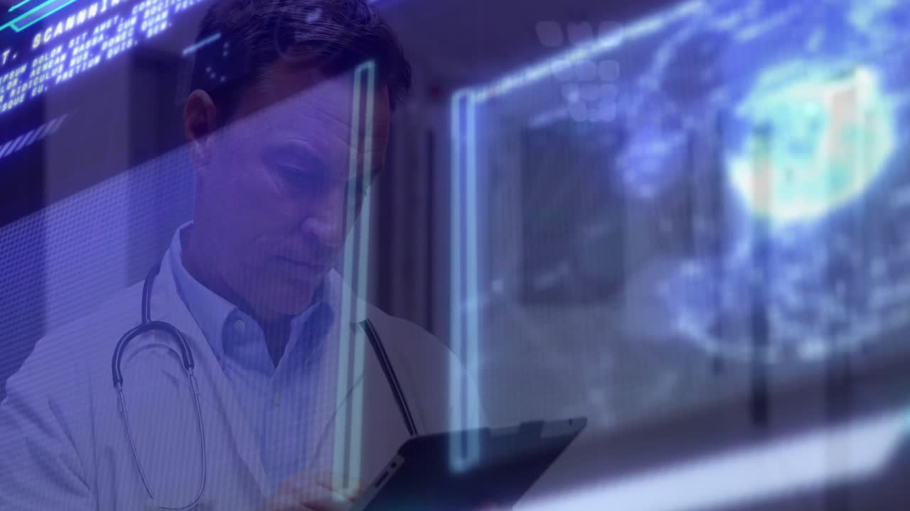 Doctor reviewing medical data indoors, projecting holographic ECG waveforms and scan projections