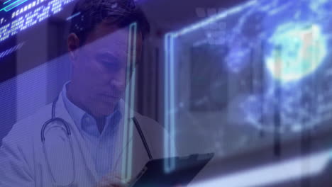 doctor reviewing medical data indoors, projecting holographic ecg waveforms and scan projections