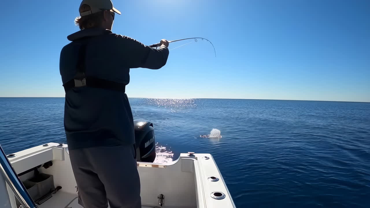 Muž rybařící na lodi na otevřeném oceánu