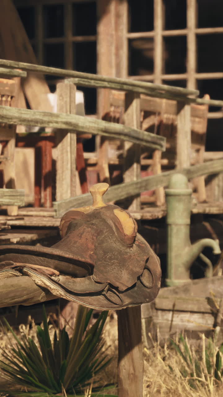 vieja silla de cuero desgastada en una valla de madera