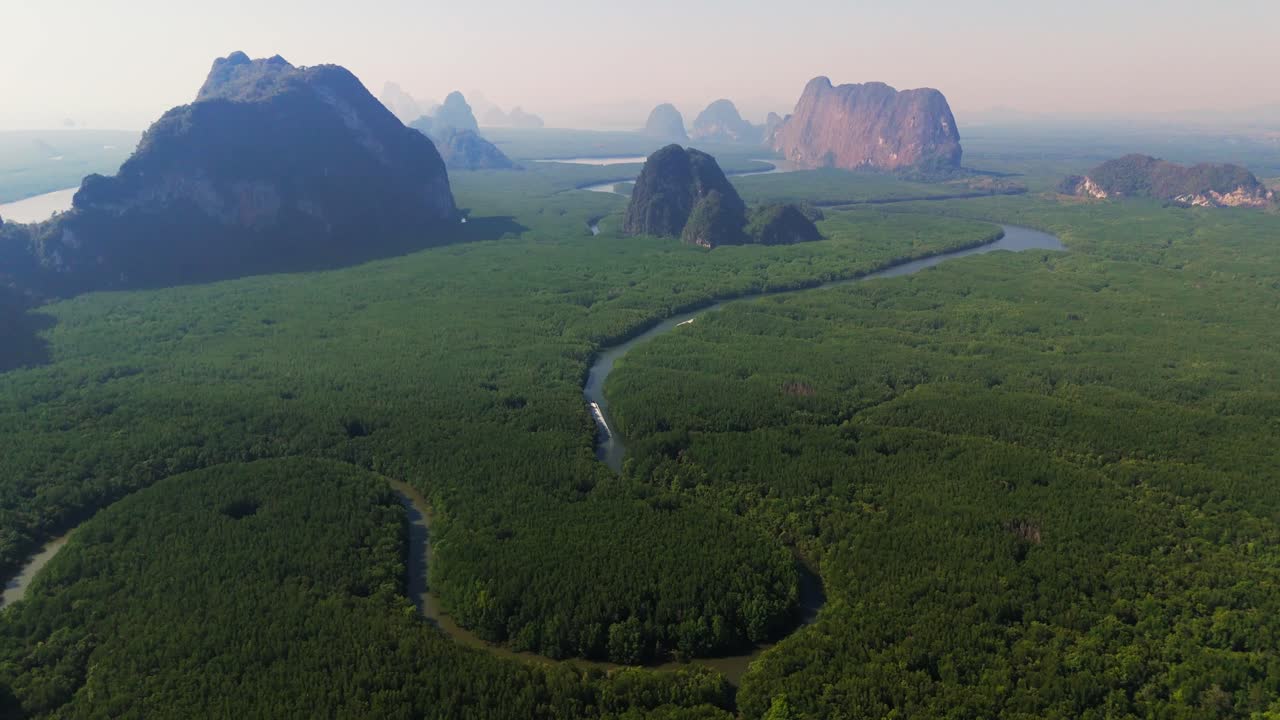 Aerial Ao Phang Nga National Park, Southern Thailand scenic limestone mountains and forest for James Bond island boat excursion
