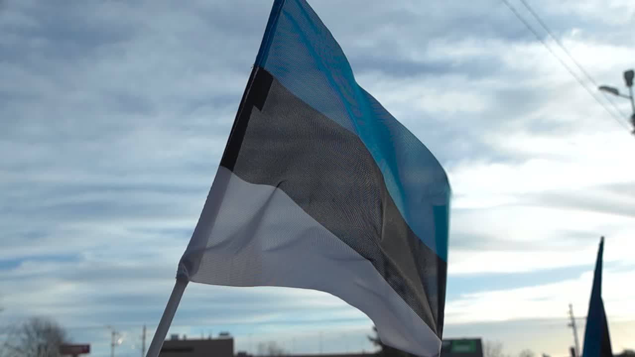 de cerca o de cerca imágenes en cámara lenta de una pequeña bandera estonia ondeando en el viento con cielo azul con nubes en el fondo durante un día soleado. cables eléctricos y torre son visibles en la parte posterior.