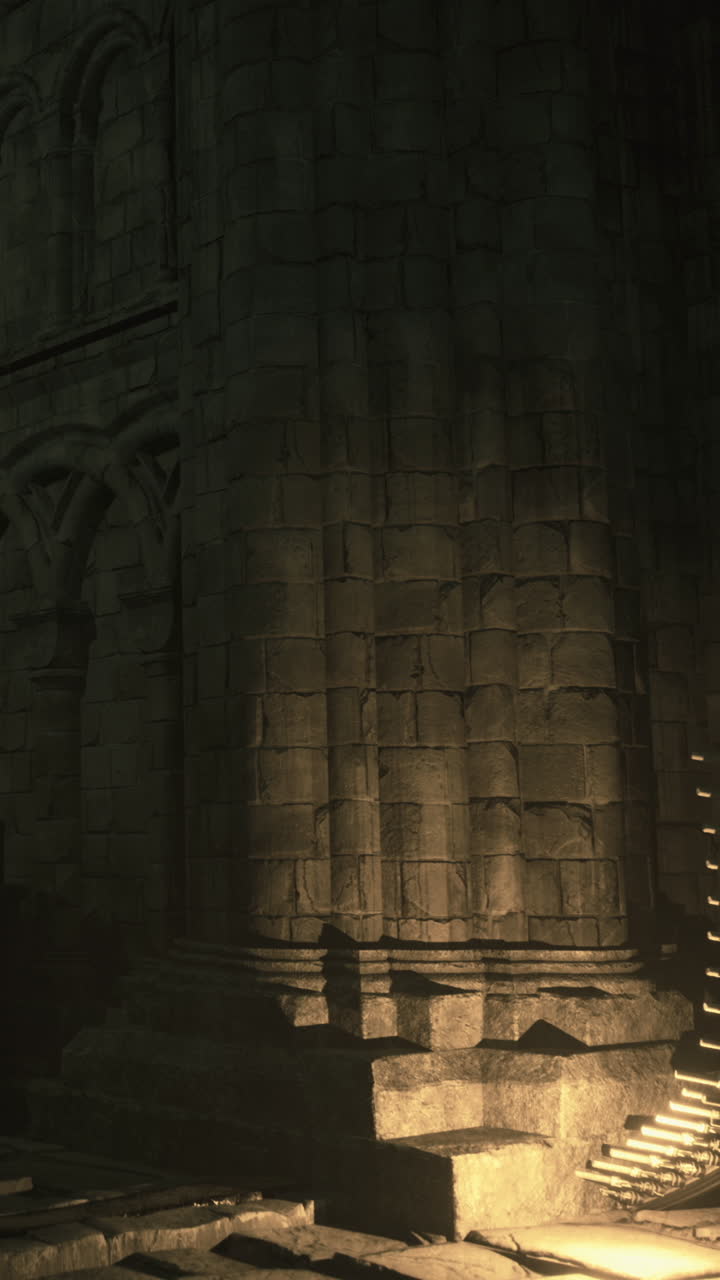 Estrutura de pedra com arcos e sombras em luz fraca perto de velas.