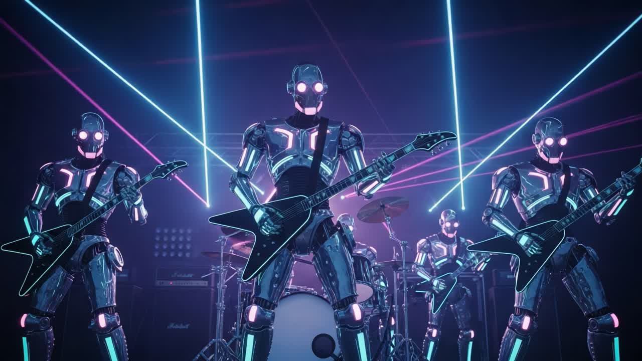 A Thrilling Performance of Futuristic Robotic Musicians Amidst Pulsating Laser Lights, Creating an Electrifying Atmosphere of Sound and Spectacle