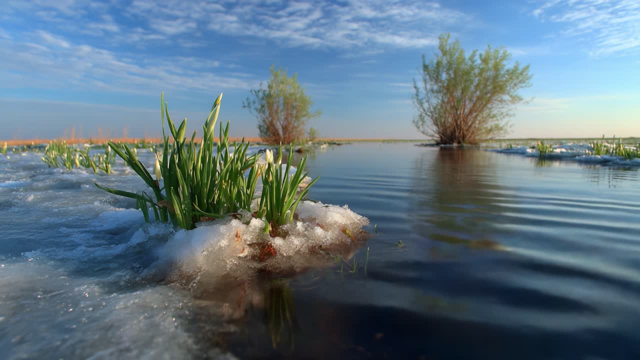A Tranquil Water Scene Featuring Emerging Green Grass and Ice, Capturing Nature's Beauty at Dawn with Reflective Waters and Soft Blue Skies