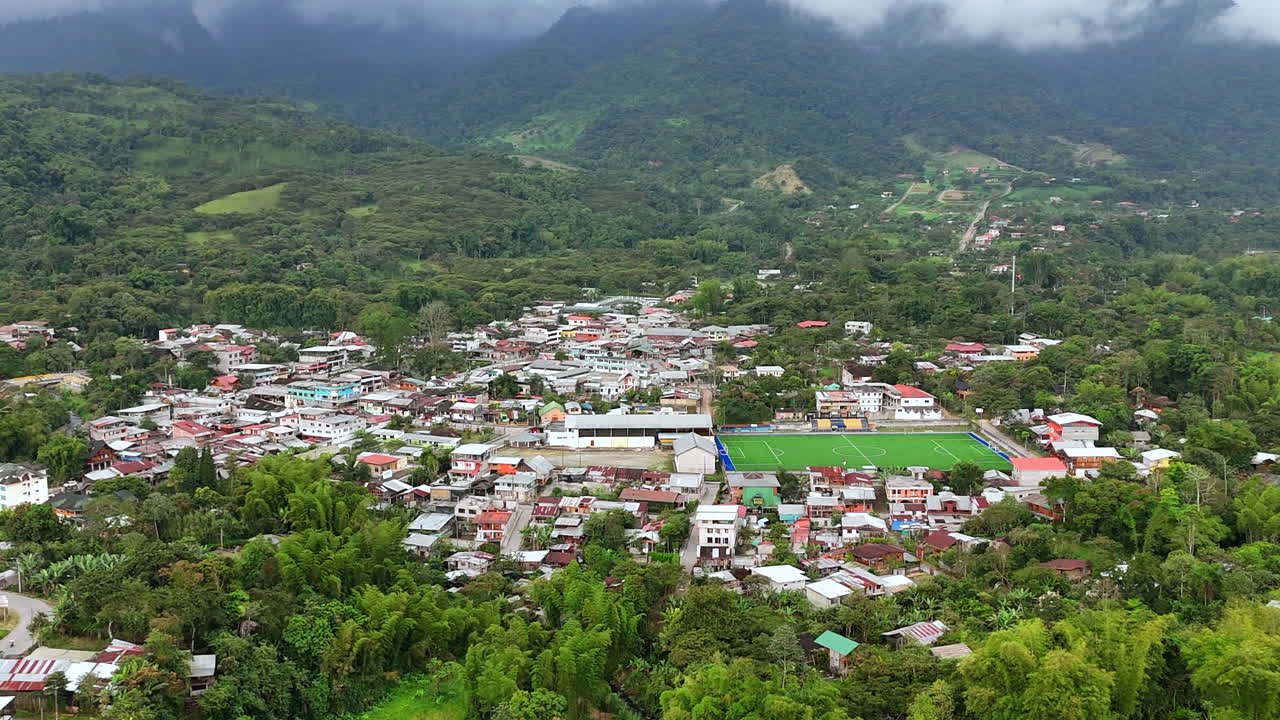 Aerial View Of Mindo, Small Town In Ecuador Surrounded By Forest and Greenery, Wide View