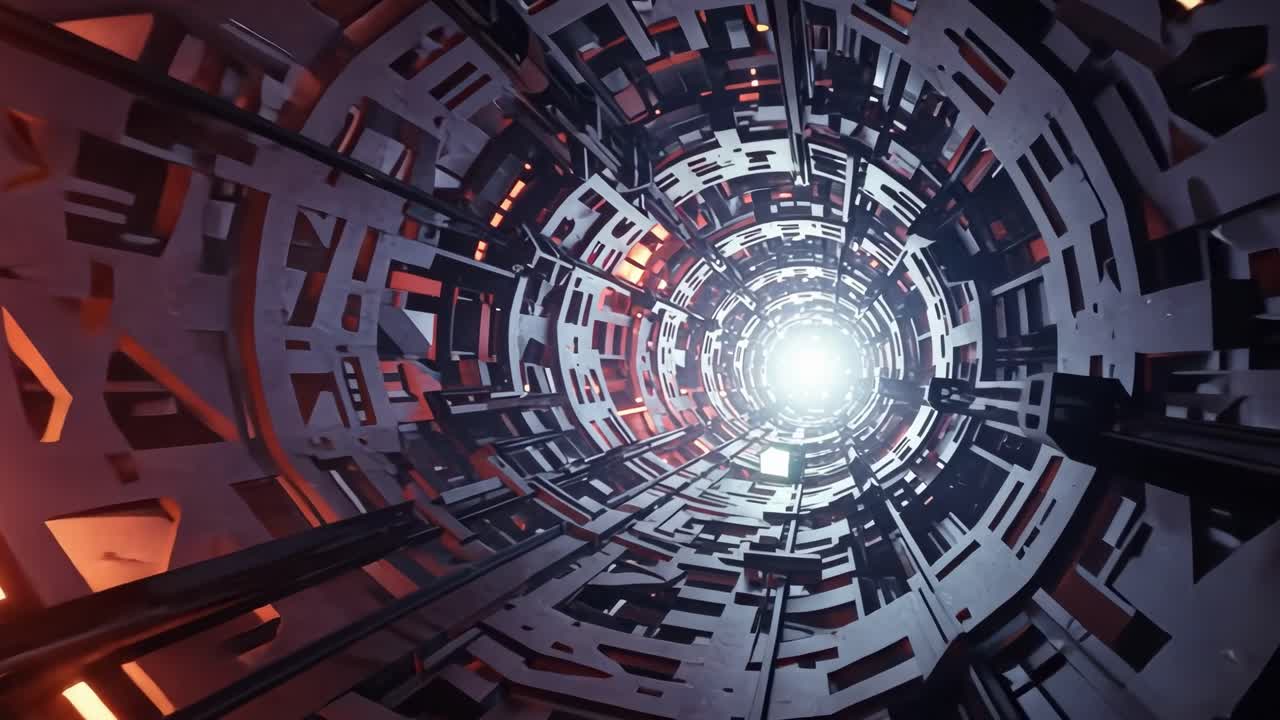 Exploration of an intricate tunnel with bright illumination at its core showcasing futuristic architecture