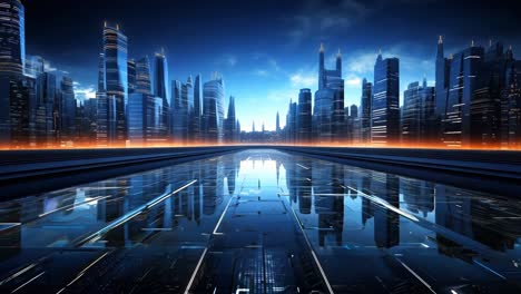 a futuristic city at night with a reflection in the water